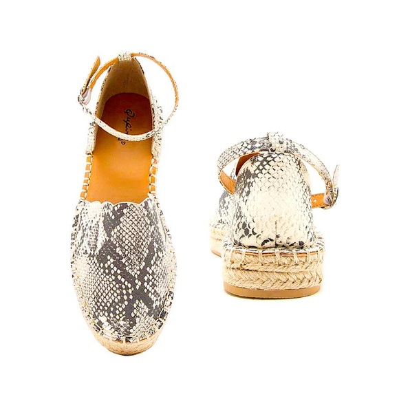 Qupid Shoes - Stone Black Snake Scalloped  Open Shank Ballerinas